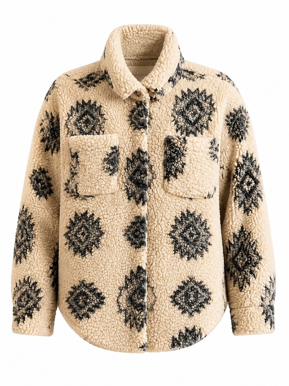 Thread & Supply Sherpa Fleece Shacket Ivory Gray Aztec Print Button Front Jacket - Picture 1 of 8